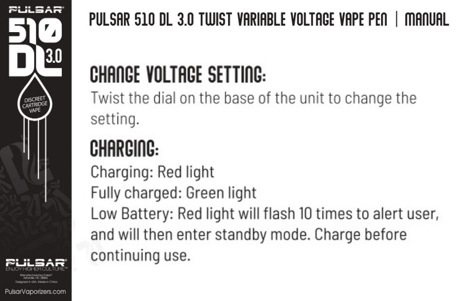 Pulsar 510 DL 2.0 Auto-Draw Cart Vaporizer Change Voltage and Charging Guide