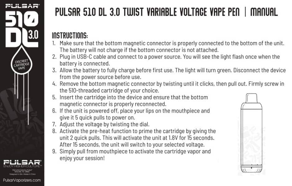 Pulsar 510 DL 2.0 Auto-Draw Cart Vaporizer Basic Instructions