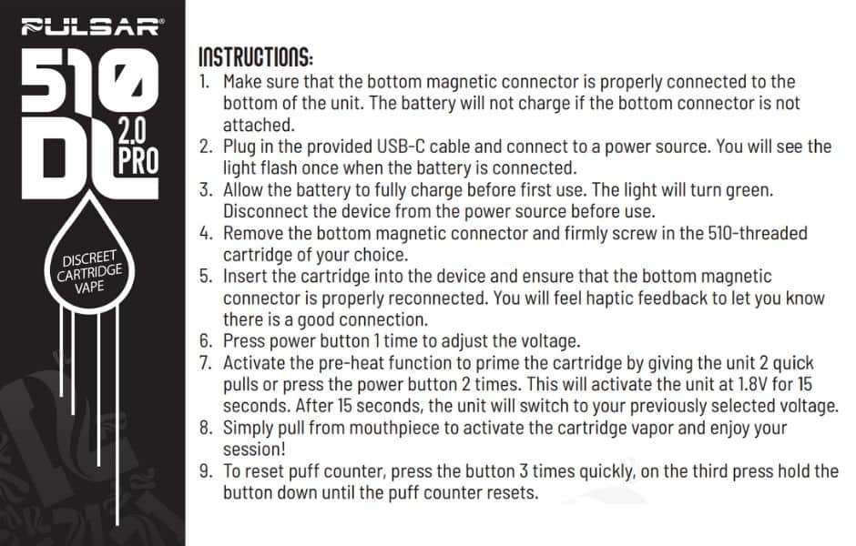 Pulsar 510 DL 2.0 PRO Auto-Draw Cart Vape Bar Instruction Manual