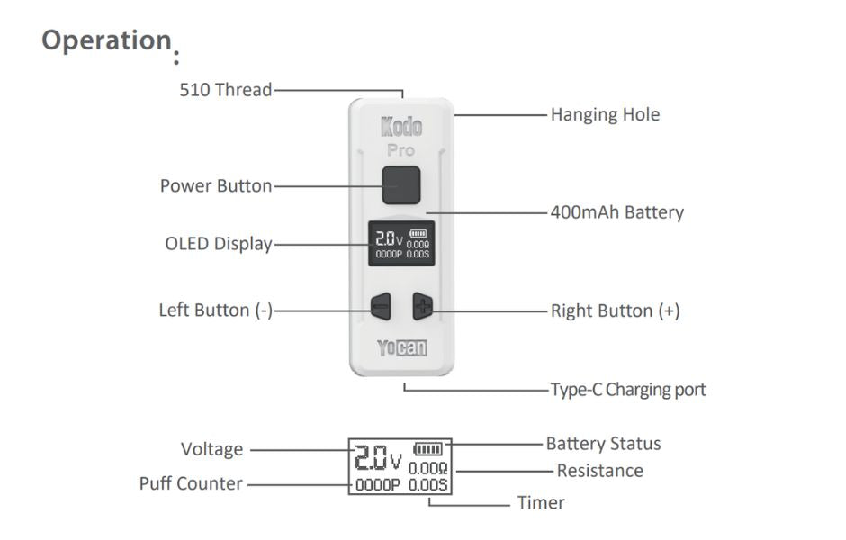 Yocan KODO Pro 510 Thread Vape Battery User Guide 1