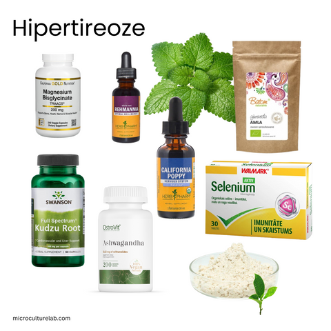 Natural Solutions for Hyperthyroidism: Magnesium Bisglycinate + Activated B Vitamins: Supports thyroid health and overall wellness. Rehmannia Root Extract: Known for its adaptogenic properties. Lemon Balm Hydrosol (Melissa): Offers a calming effect. Indian gooseberry (Amla): A powerful anti-inflammatory. L-Theanine Powder: Promotes relaxation. California Poppy Extract: Relieves palpitations and tremors. Kudzu Root: Palpitations, high blood pressure and tremors. Selenium: An essential mineral for thyroid function. Ashwagandha: Reducing cortisol levels and overstimulating the adrenal glands.