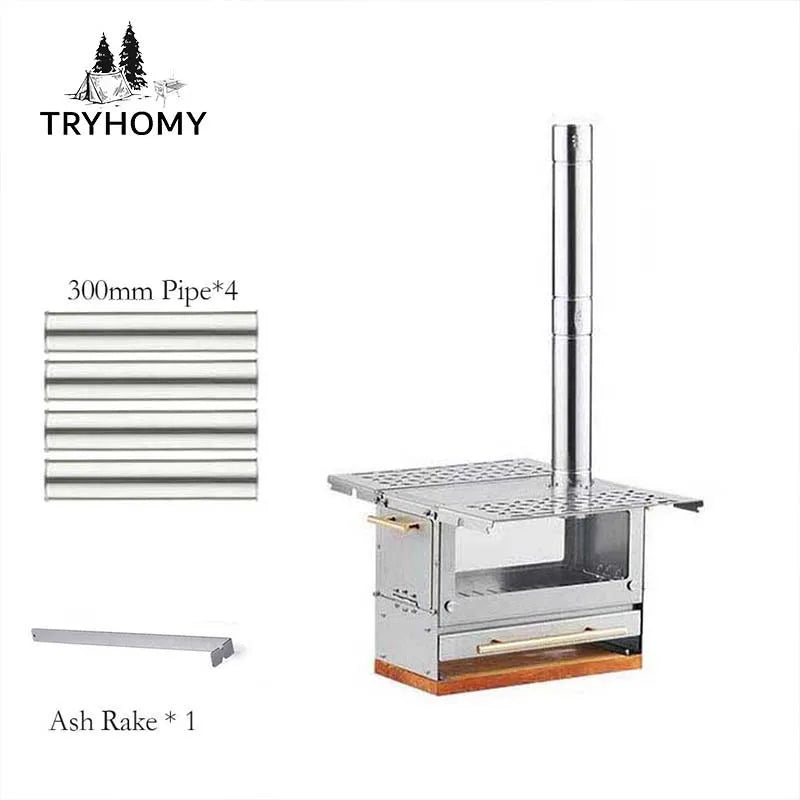 Tryhomy Camping Fire Wood Stove Portable Stainless Steel Desktop Stove Outdoor Picnic Tent Heater Cooking Furnace with Chimney