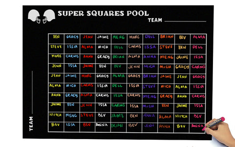 Image of 10x10 super bowl betting chart with names and numbers filled-in.