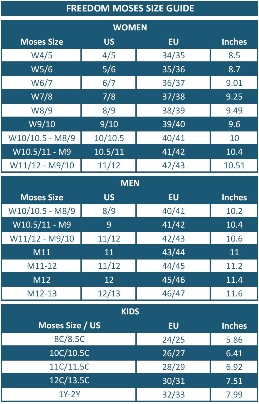 Freedom Moses Size Guide