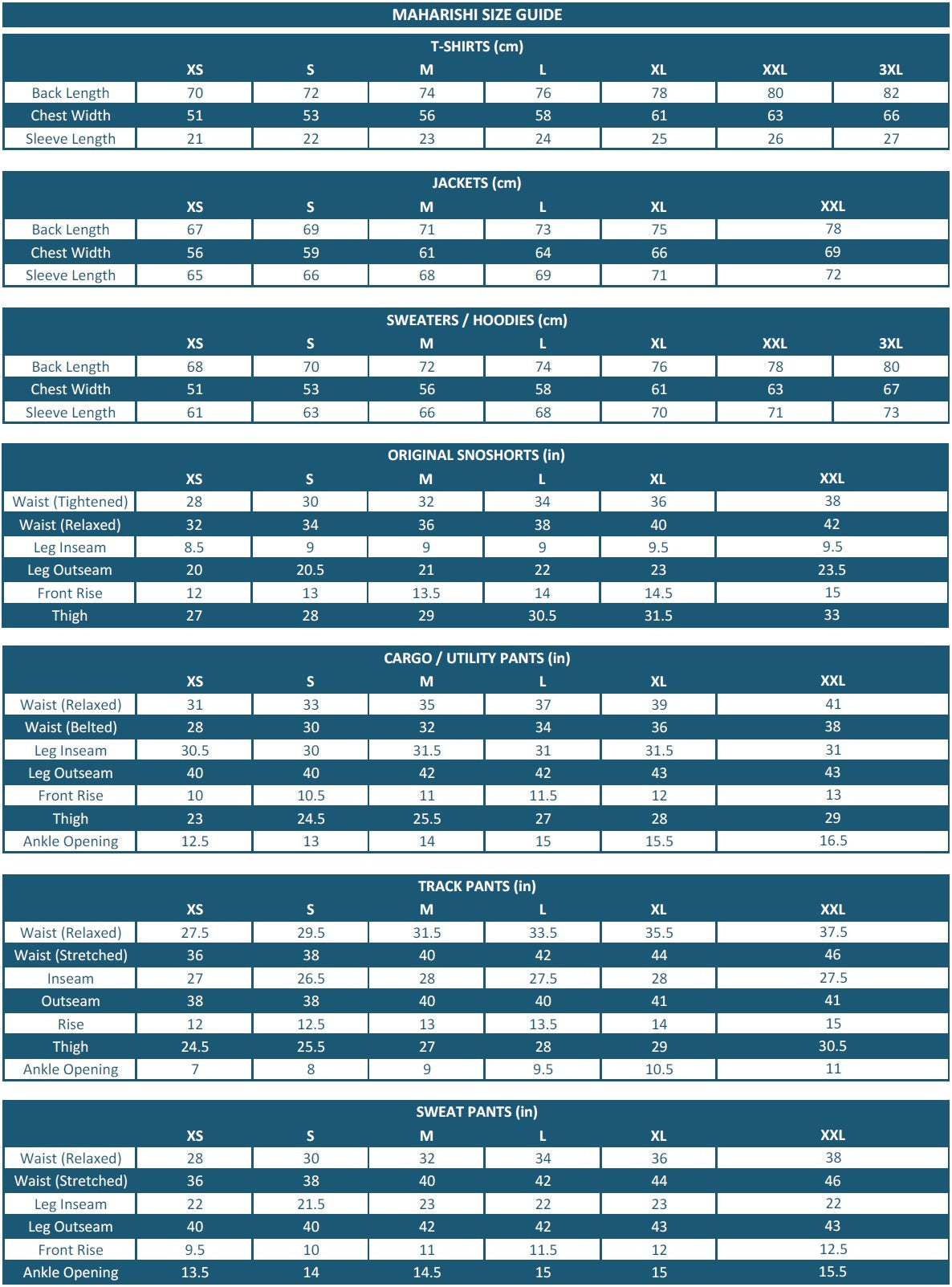 Maharishi Size Guide