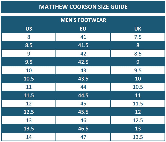 Mathhew Cookson Size Guide