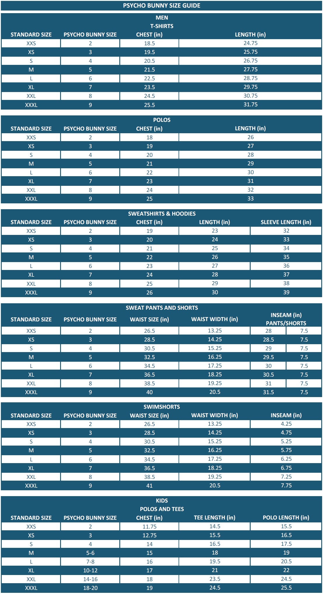 Psycho Bunny Size Guide