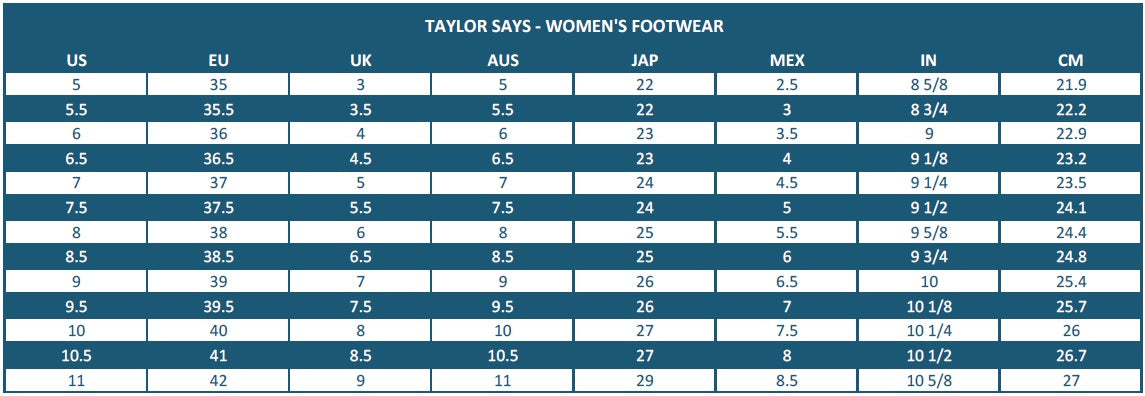 Taylor Says Size Guide