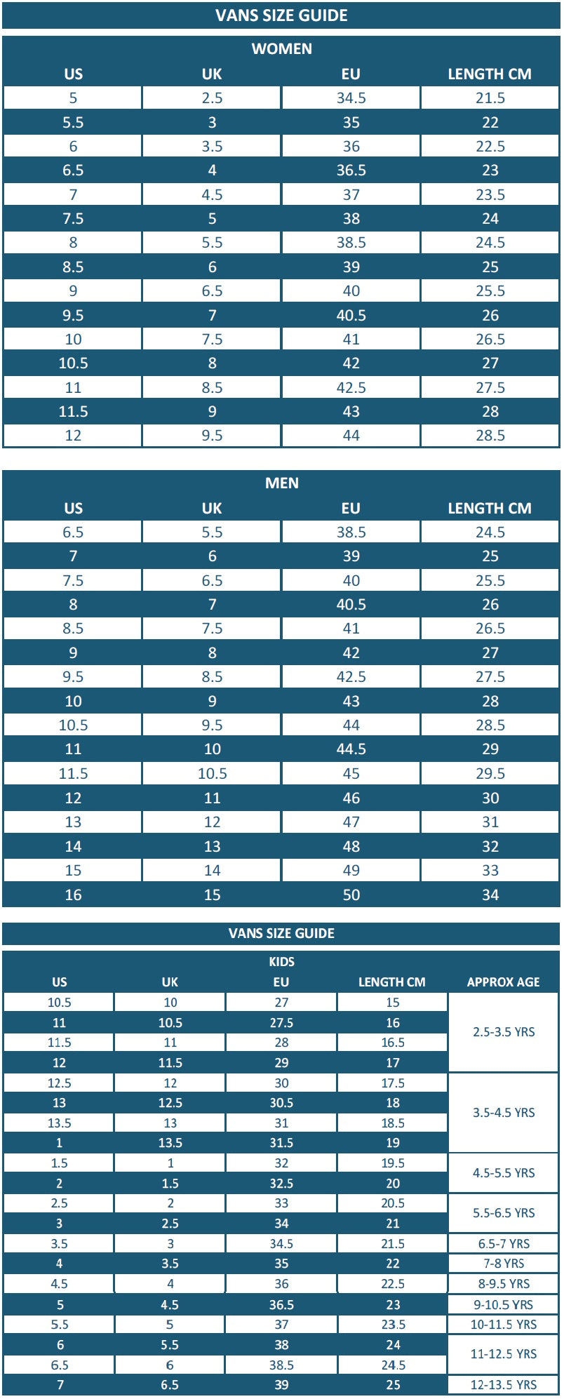 VANS SIZE GUIDE