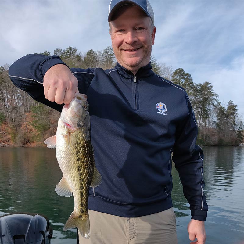 A spotted bass caught yesterday with Guide Charles Townson in 74 feet on a spoon