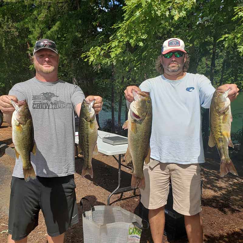 Joe Anders and Greg Glouse with 15 pounds of Keowee bass caught last week