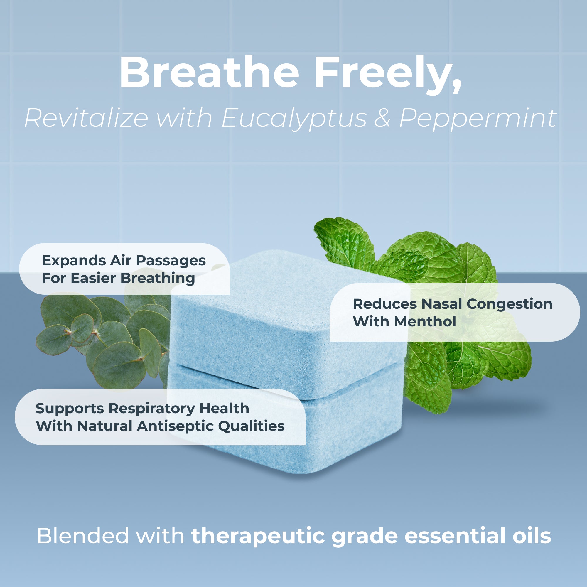 Promotional image for a product with eucalyptus and peppermint claiming respiratory health benefits.