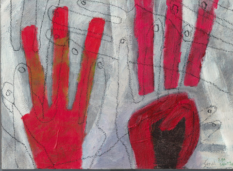 A painting of two red hands against a grey background, holding up three fingers