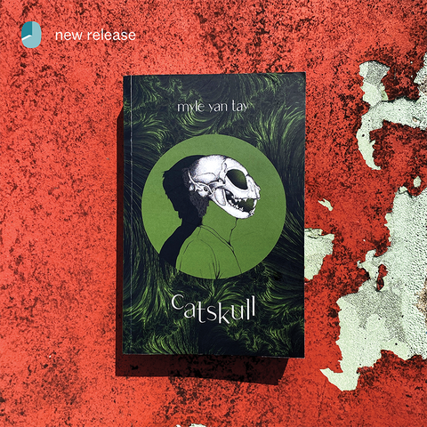 A picture of the cover of catskull, (A boy facing side-view with a cat-skull mask against green background) against a red background.