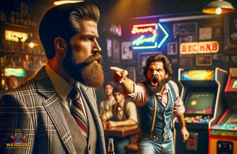 A 1980s bar scene with a bearded man walking away from a fight, and another man in the background yelling and pointing at him. The bearded man is dressed in iconic 1980s fashion, featuring a shorter beard and a composed demeanor. The bar has a distinct 80s ambiance, with neon lights, vintage arcade machines, and a lively crowd. The scene captures the contrast between the calm bearded man and the agitated man in the background amidst the 80s setting.