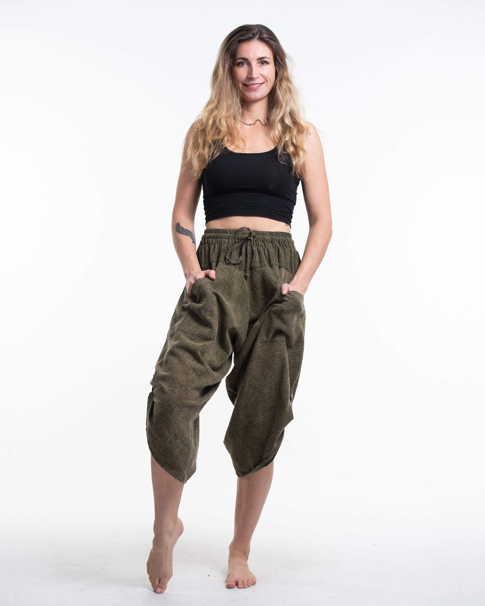 Funky Harem Boho Drop Crotch Olive Charcoal Cotton Jersey Capri Pants,  Avant Garde Pants With Front Pocket and Elastic Waist 