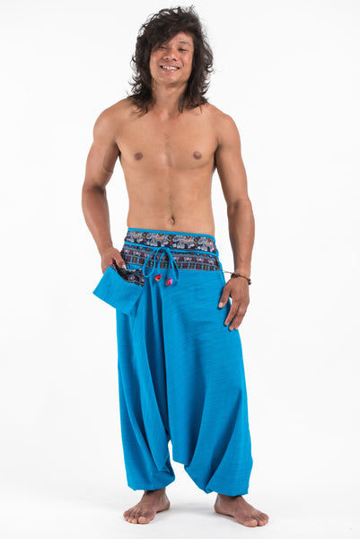 Pinstripe Cotton Low Cut Men's Harem Pants with Elephant Trim in Blue