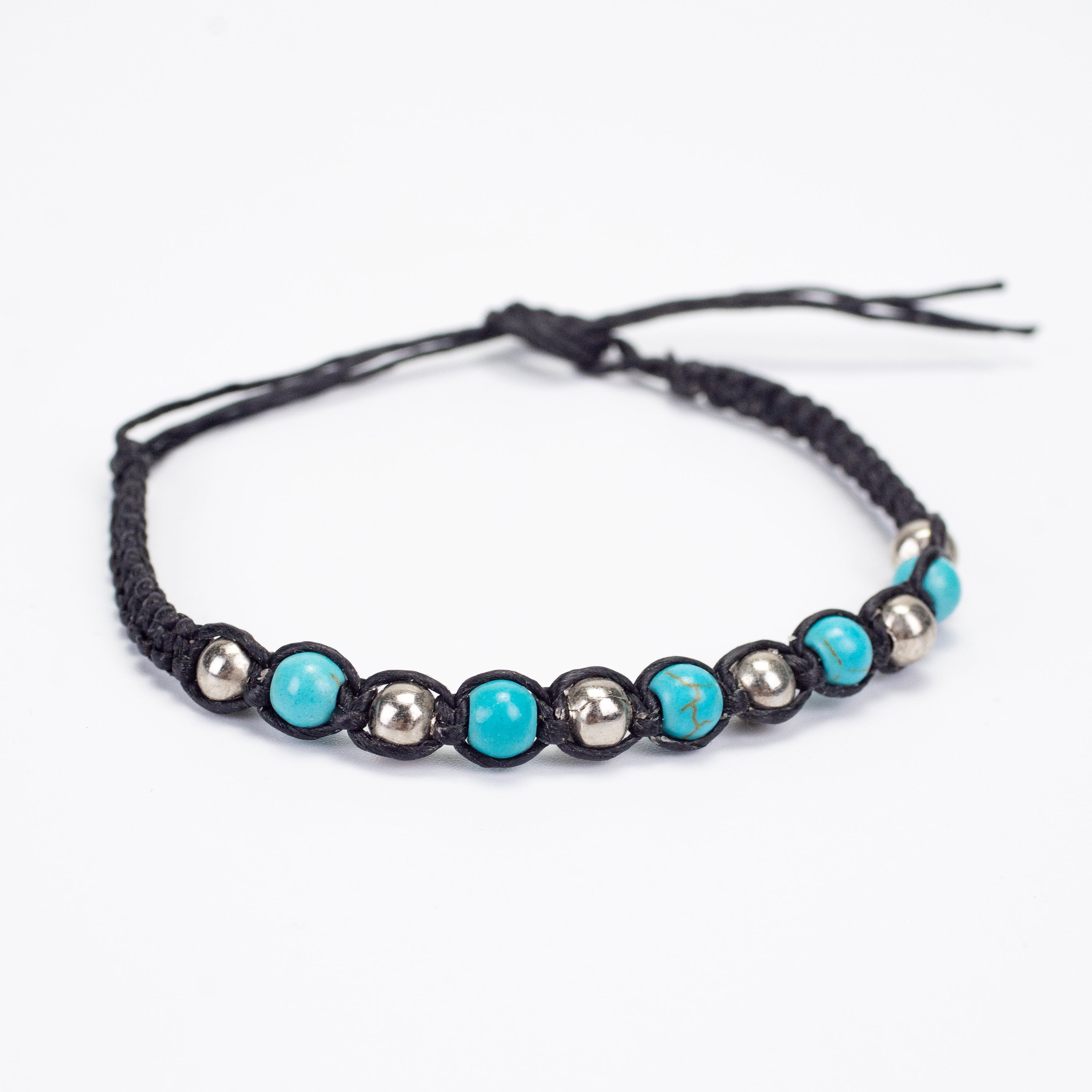 Turquoise Stones and Silver Beads Bracelet in Black. Free International ...