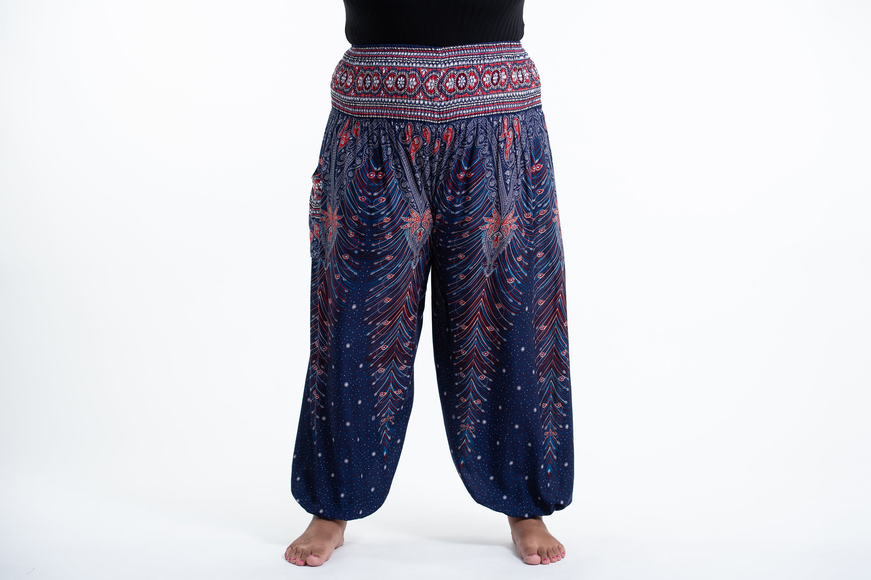 Plus Size Peacock Feathers Women's Harem Pants in Blue