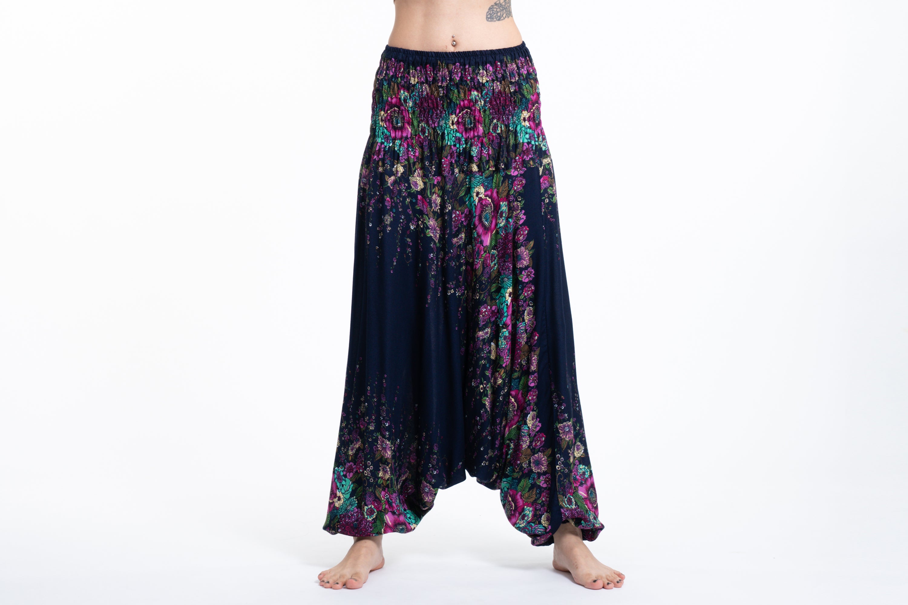 Mandala Print Drawstring Low Cut Harem Pants Cotton Spandex in Turquoi