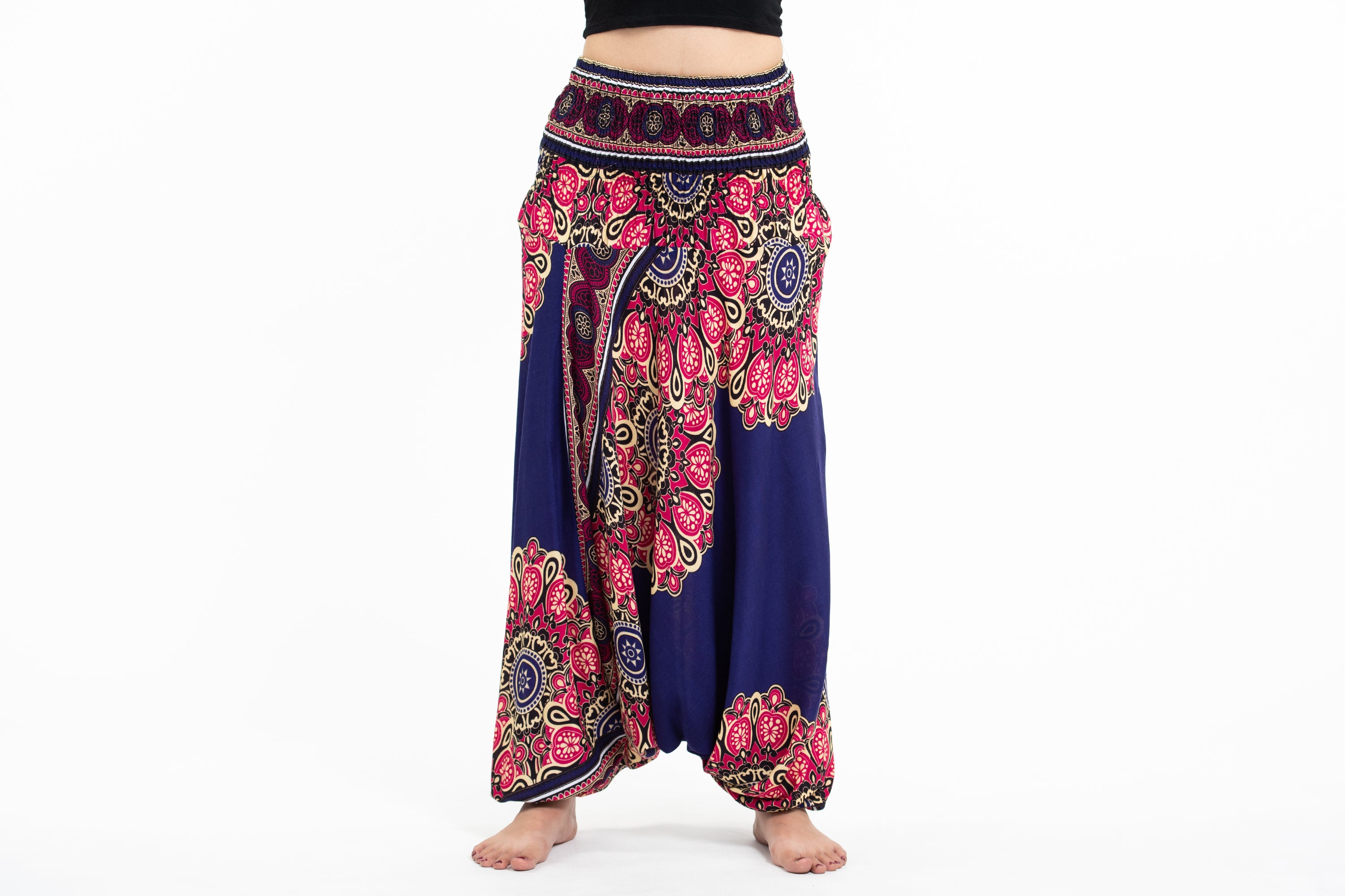 Plus Size Feather Mandalas Wrap Palazzo Style Harem Pants in Black