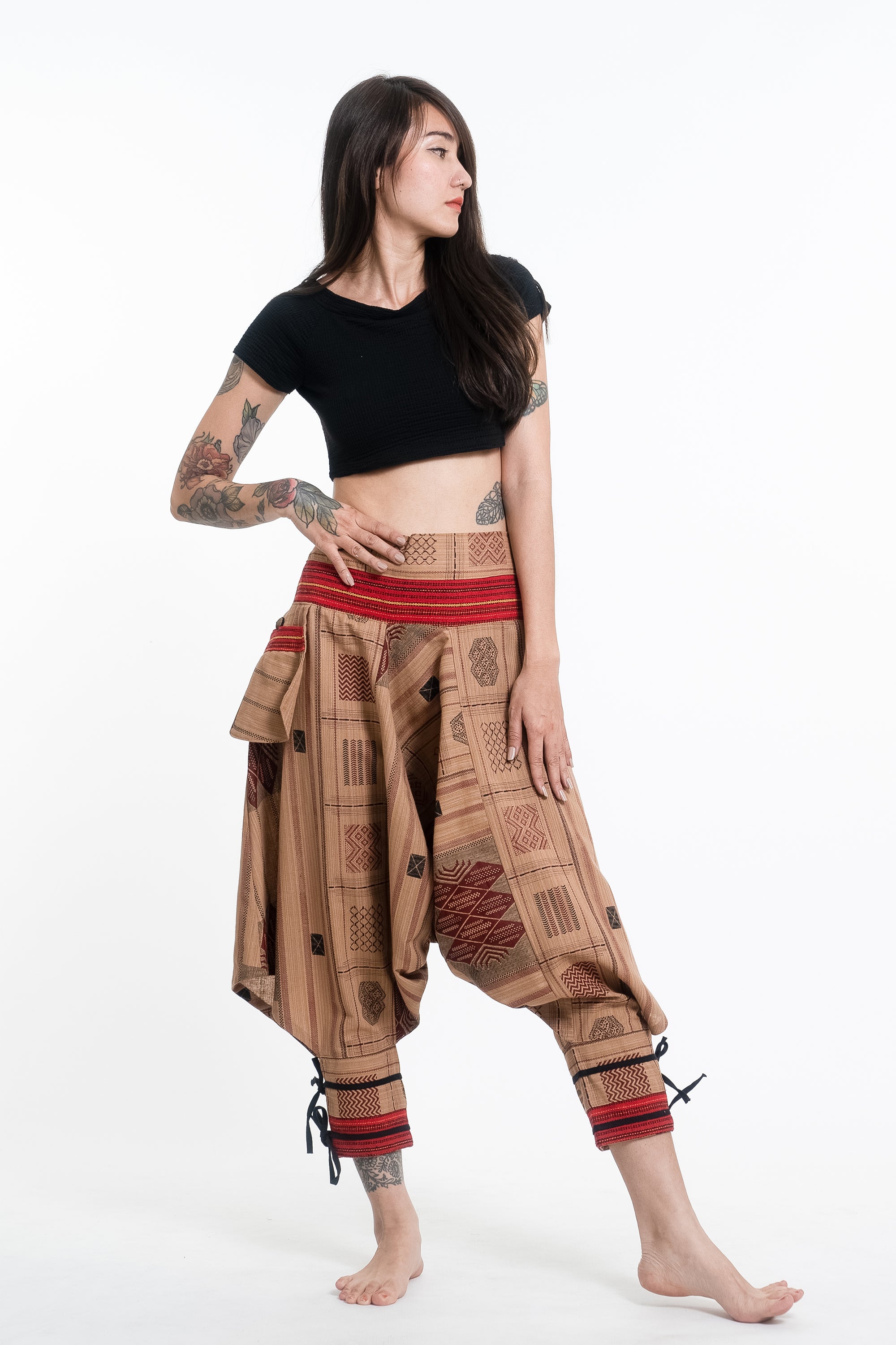 Paisley Thai Hill Tribe Fabric Women's Harem Pants with Ankle Straps