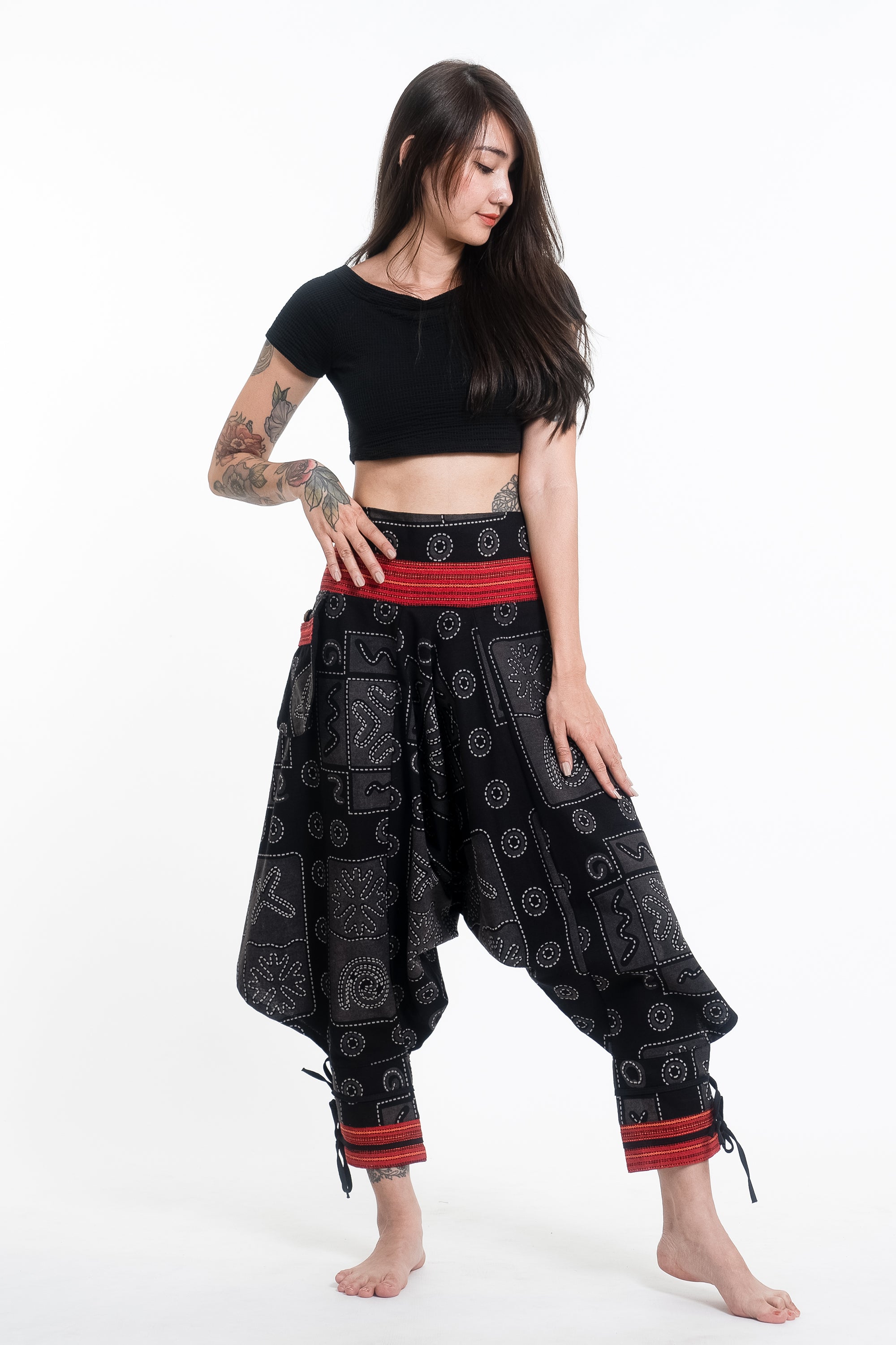 Lace Stretch Pants, SMALL, BLACK. Vajra and Japanese Soul Thunder Print,  Slit and Woven Capri Pants, Yoga, Burnig Man, Festival. 