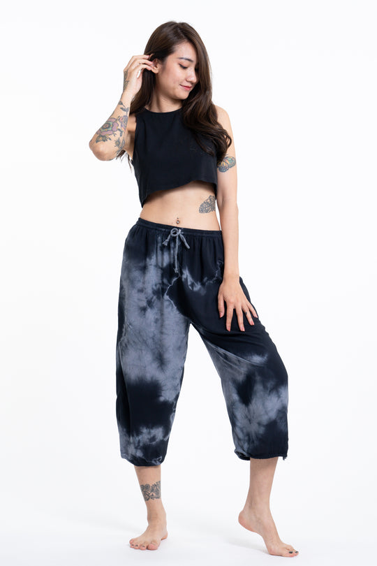 Women's Cropped Fisherman Pants with Pattern Waist Band in Blue