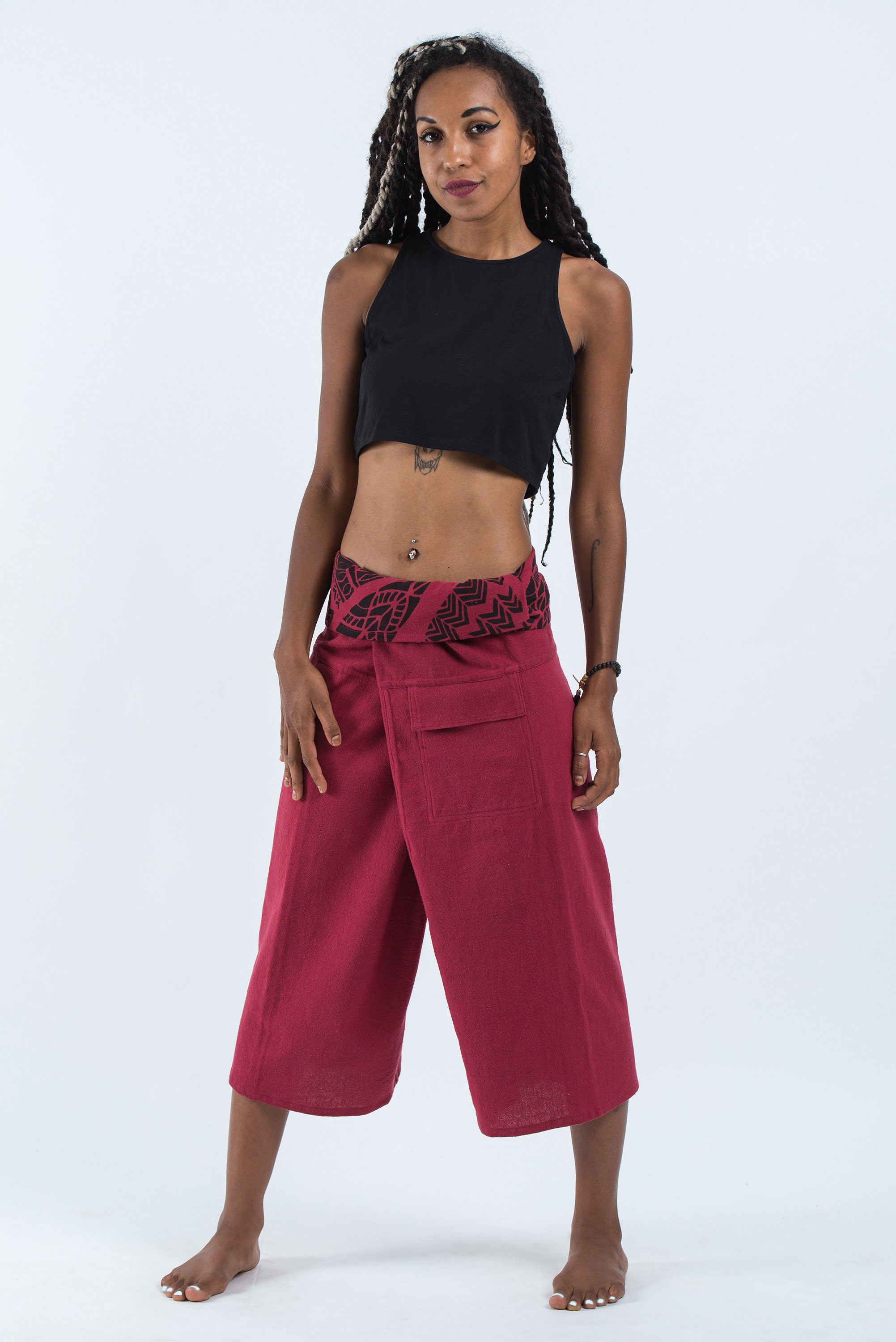 Women's Cropped Fisherman Pants with Pattern Waist Band in Blue