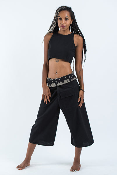 Women's Cropped Fisherman Pants with Pattern Waist Band in Black ...