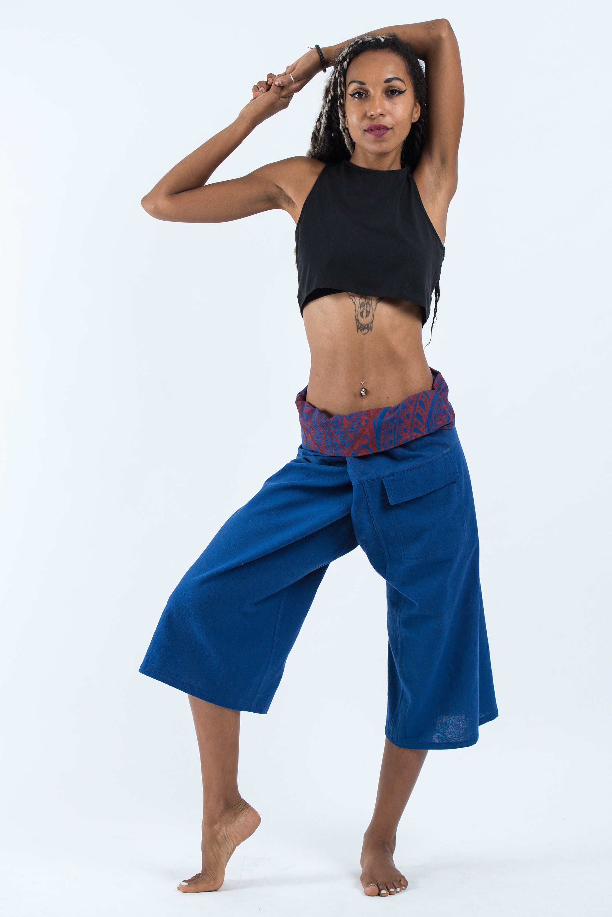 Women's Cropped Fisherman Pants with Pattern Waist Band in Blue – Harem ...