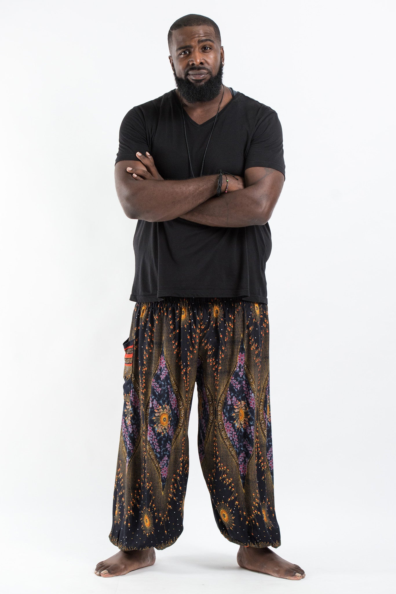 Plus Size Peacock Paisley Men's Harem Pants in Black