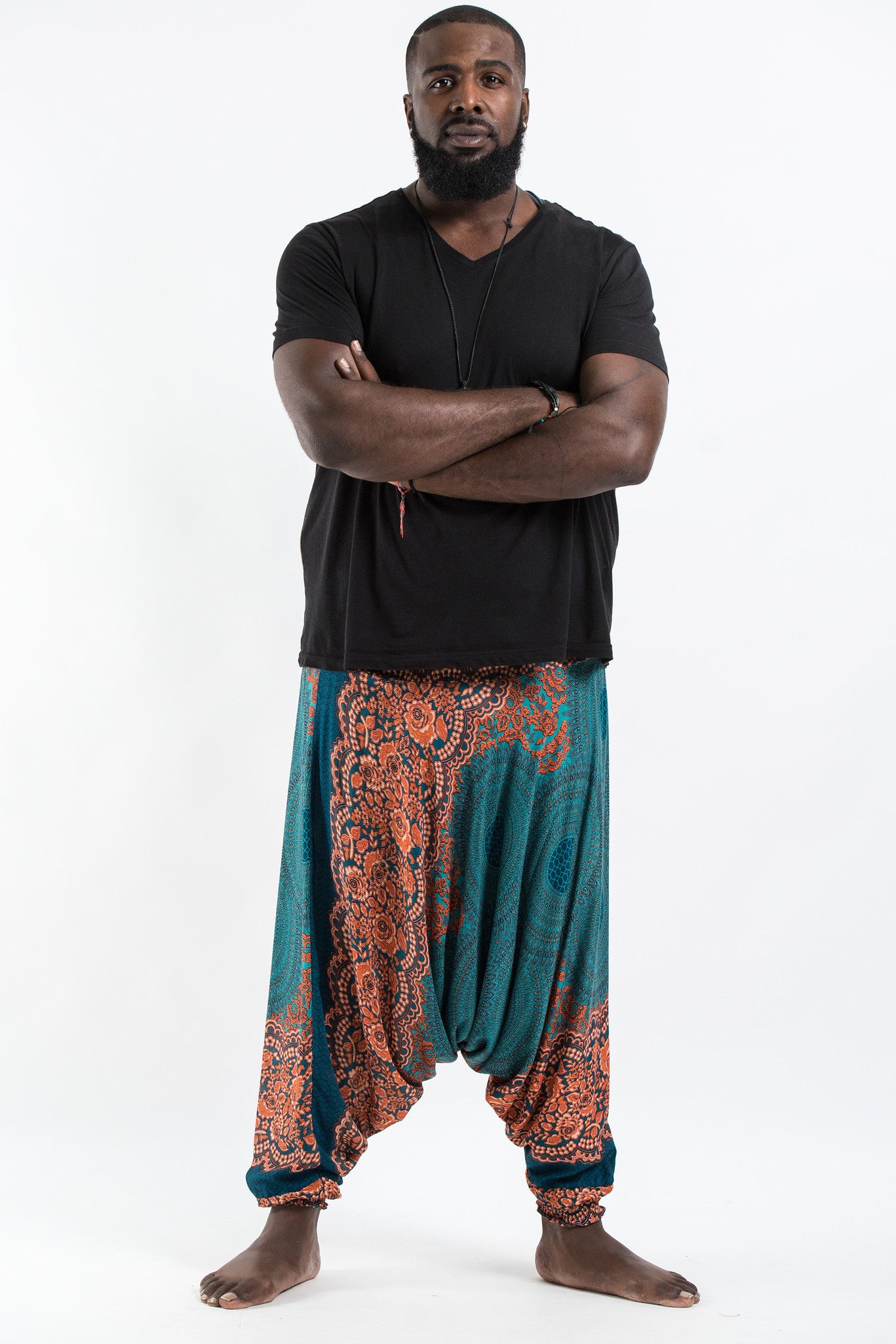 Plus Size Geometric Mandalas Drop Crotch Men's Harem Pants in Turquois