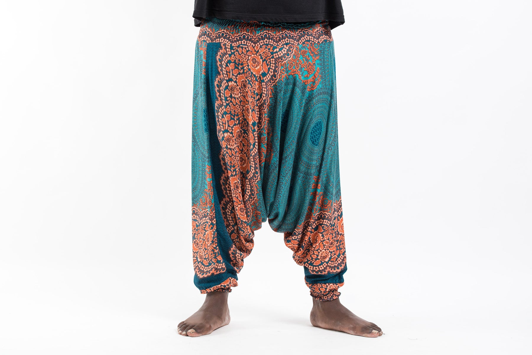 Plus Size Geometric Mandalas Drop Crotch Men's Harem Pants in Turquois