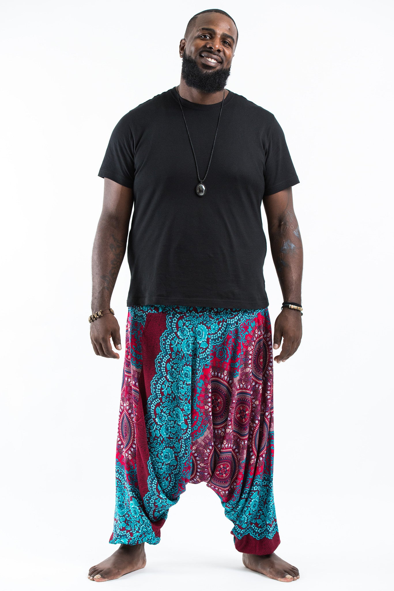 Plus Size Trishula Mandalas Drop Crotch Men's Harem Pants in Red Blue