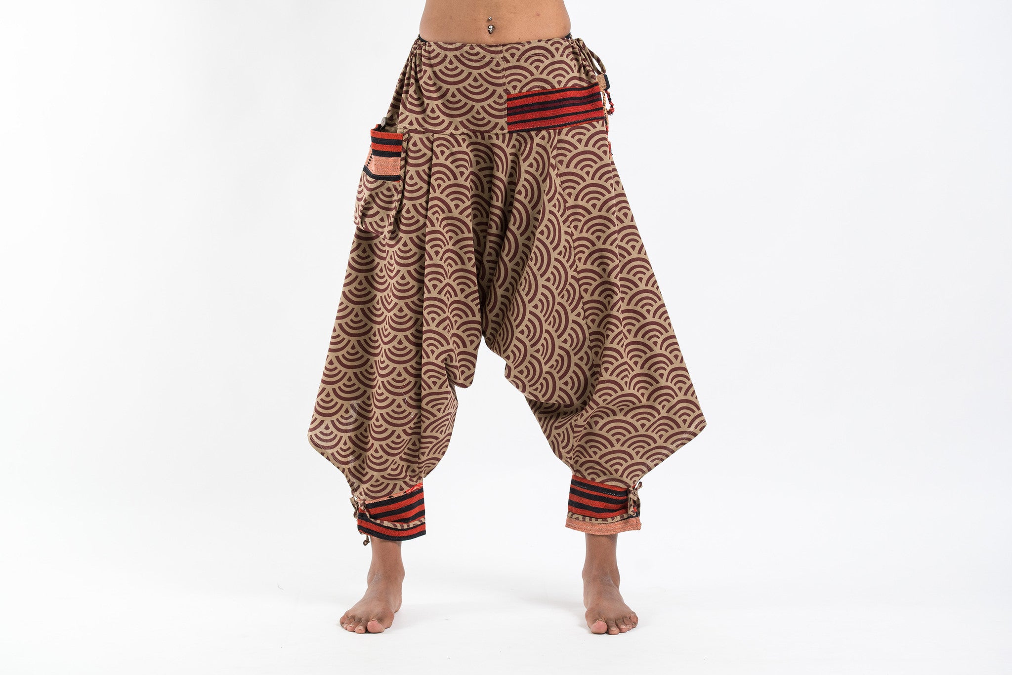 Handmade Bohemian Pants Womens Boho Pants Harem Pants Brown Natural Peacock  Feather One Size fits