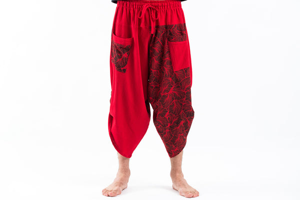 Two Tone Leaves Prints Men's Three Quarter Pants in Red – Harem Pants