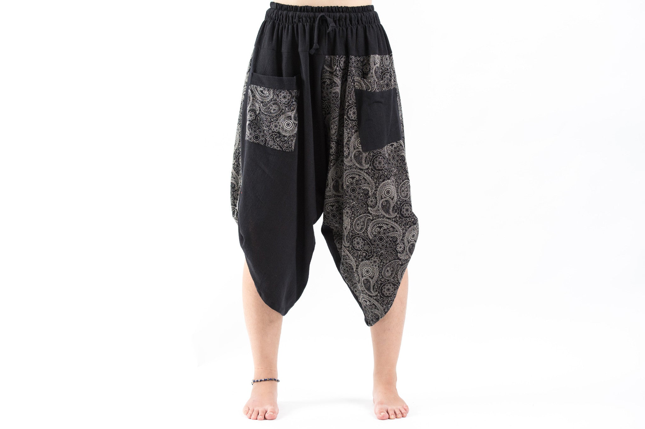 Two Tone Paisley Prints Men's Three Quarter Pants in Black – Harem