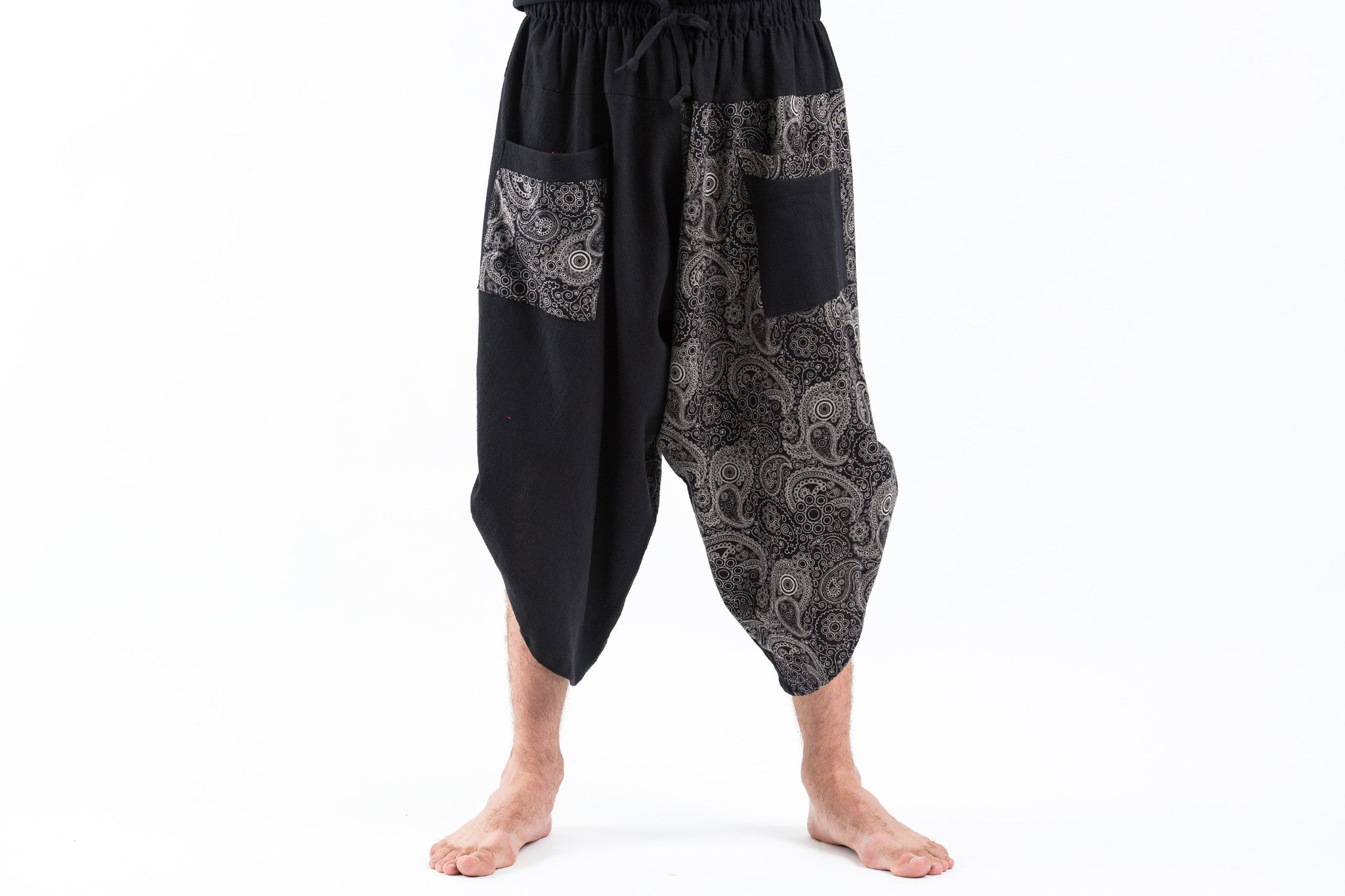 Two Tone Swirls Prints Men's Three Quarter Pants in Black Gray – Harem Pants