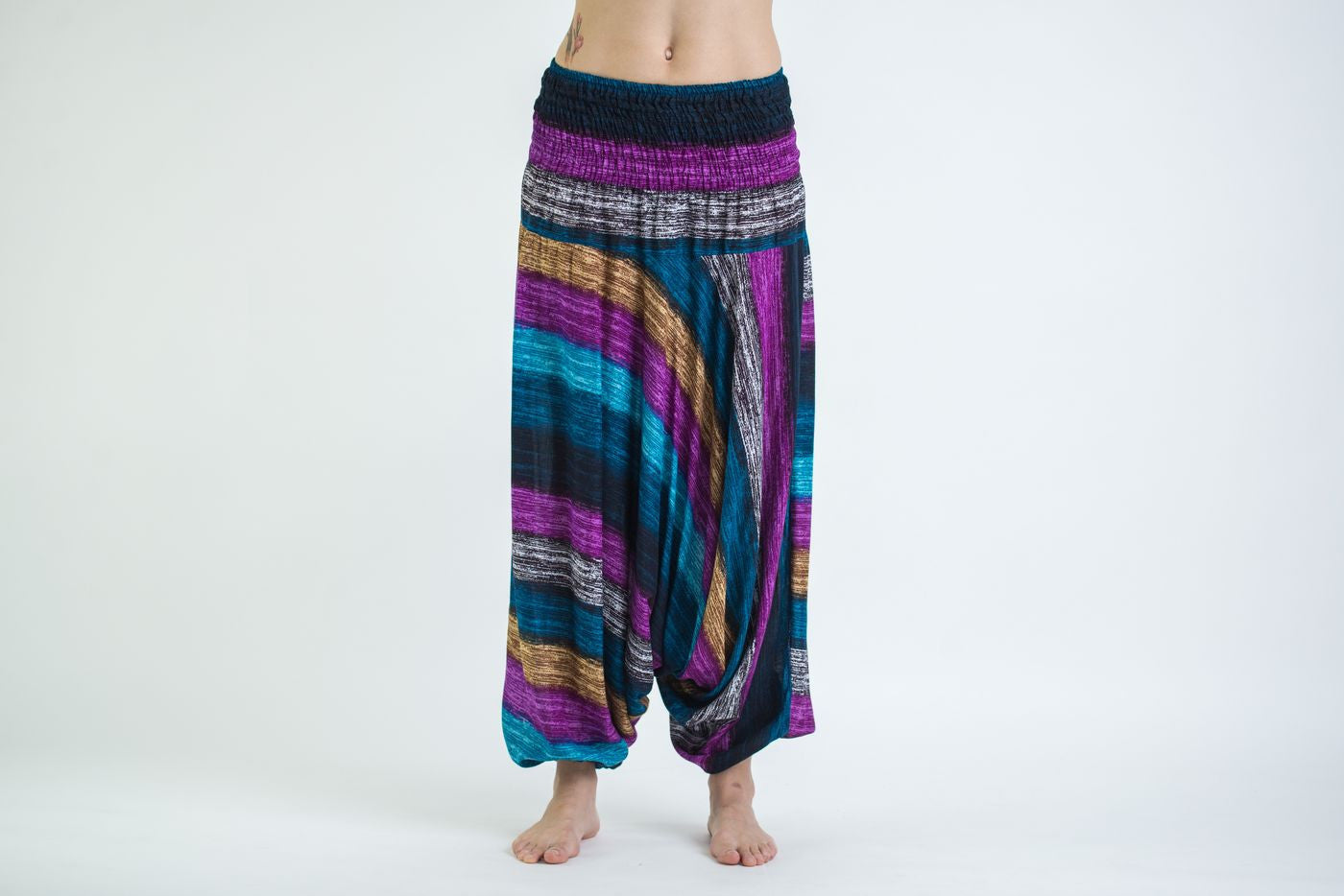 Boho Blue Striped Jumpsuit Women's Harem Pants