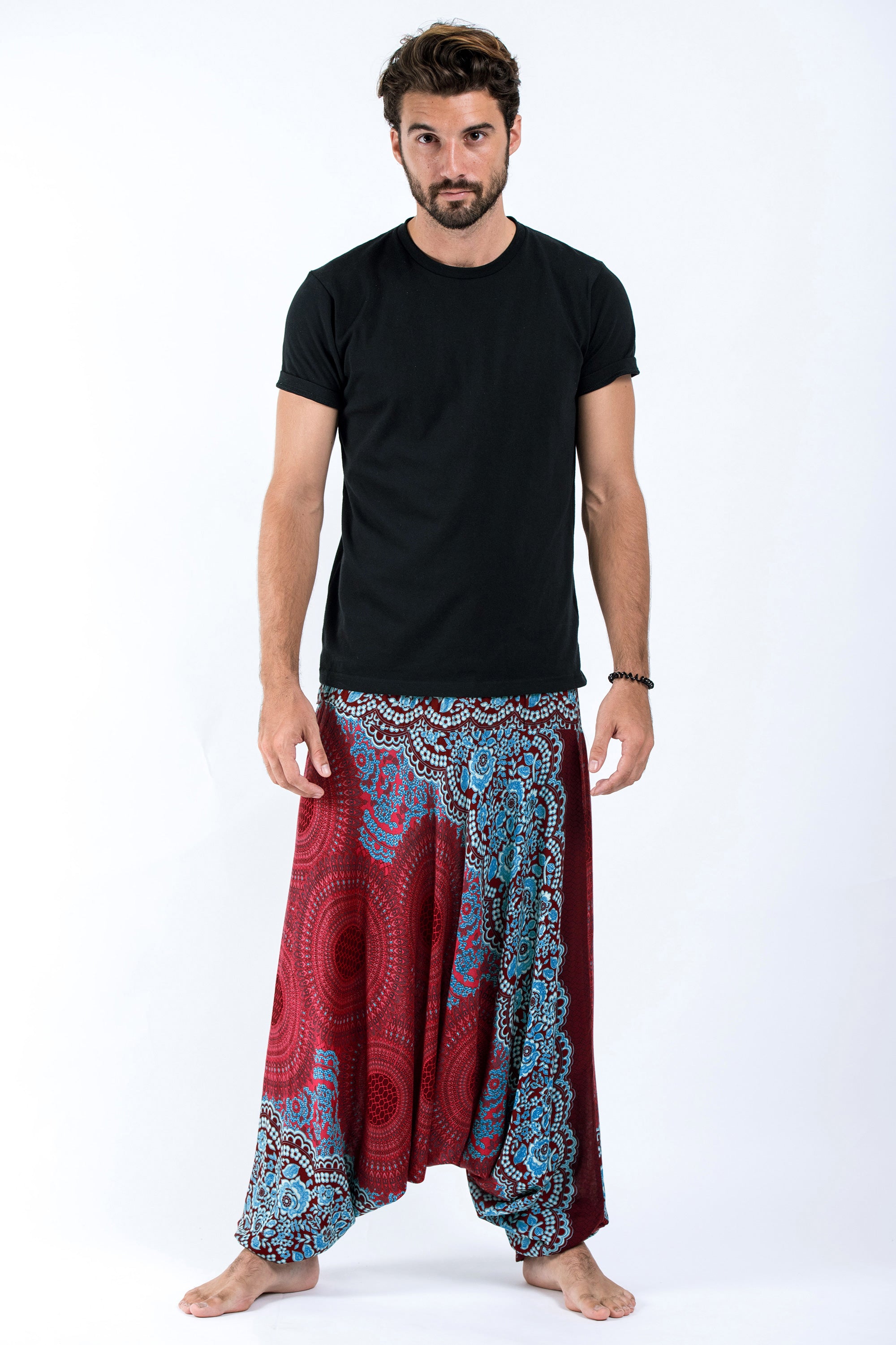 Geometric Mandalas Drop Crotch Men's Harem Pants in Red