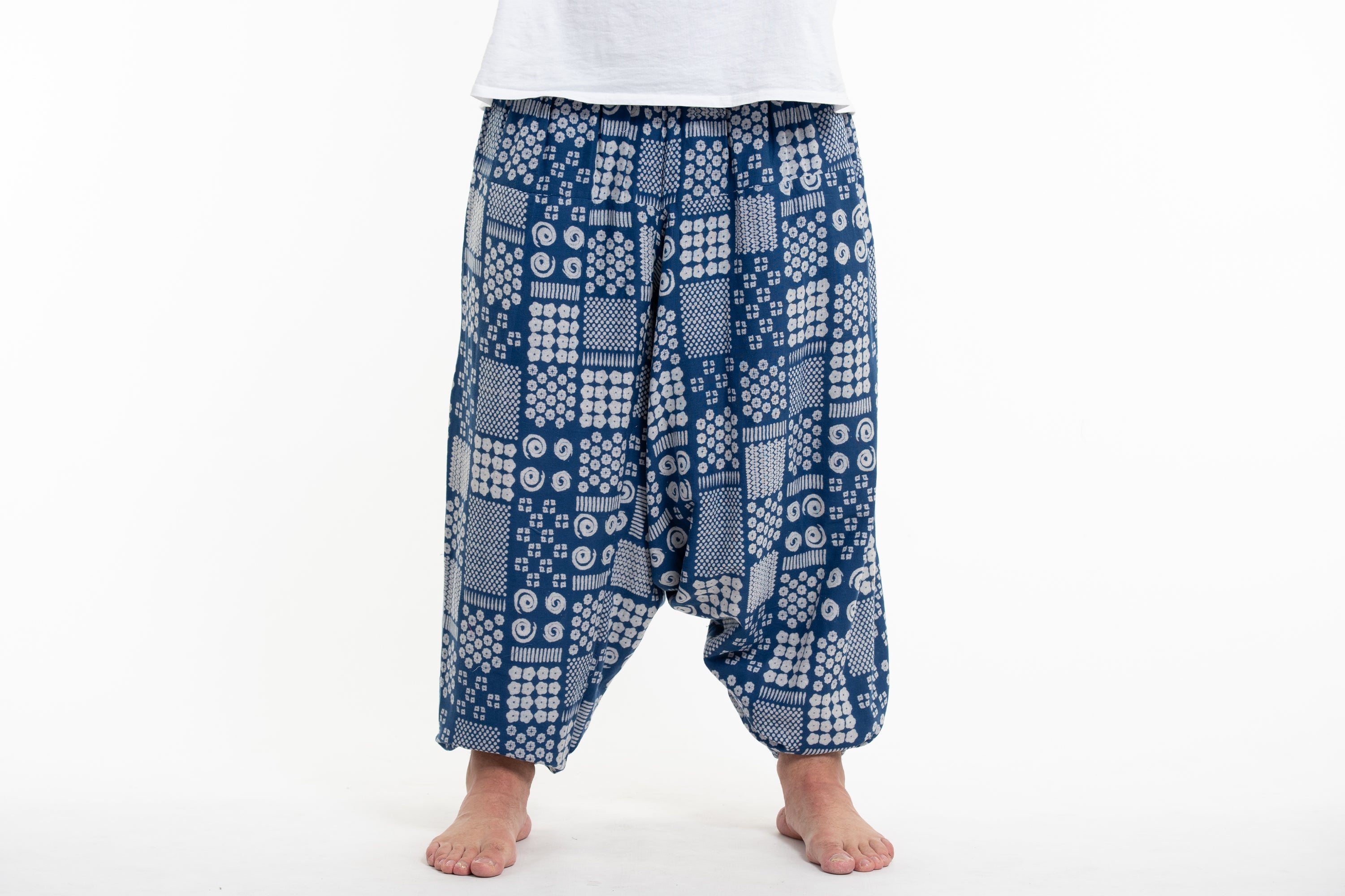 Boho Shirred Waist Blue Patterned Pants | Wholesale Boho Clothing