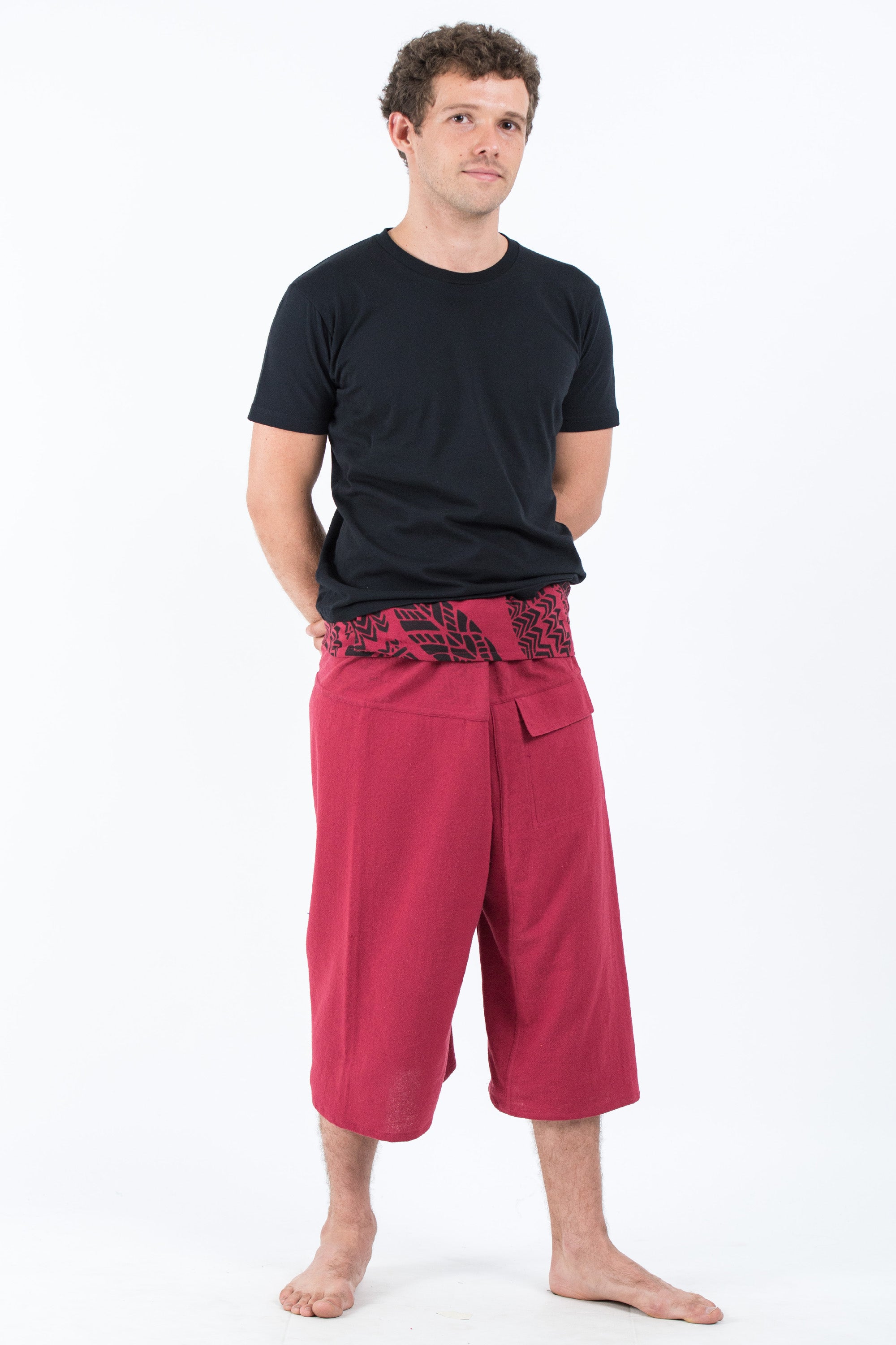 Men's Cropped Fisherman Pants with Pattern Waist Band in Red – Harem Pants
