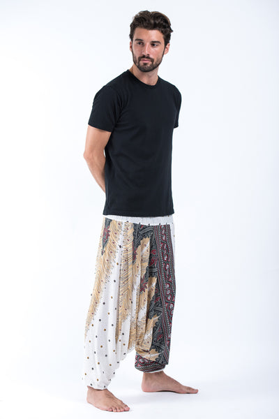 Peacock Feathers Drop Crotch Men's Harem Pants in White