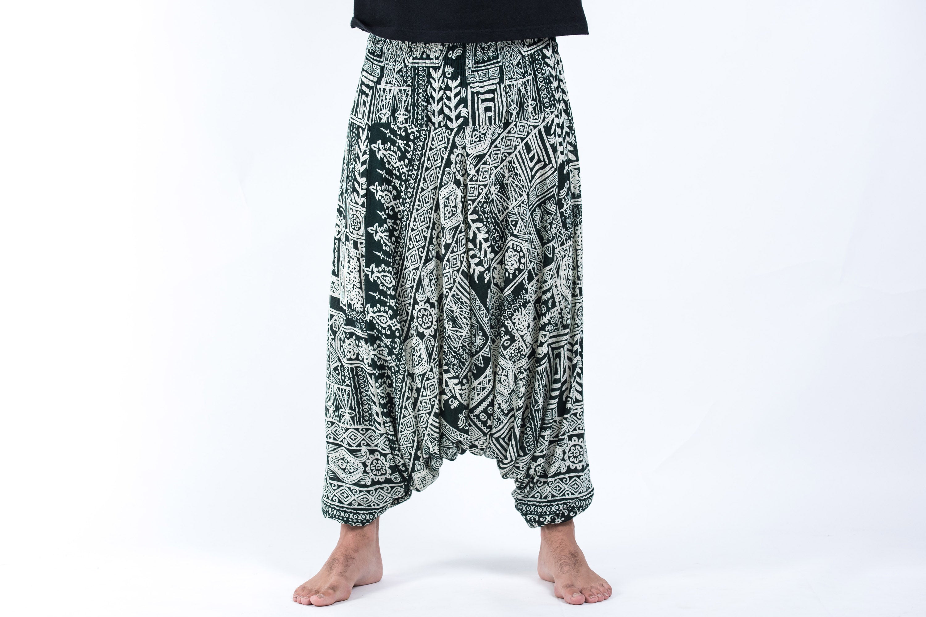 Printed Green Boho Drop Crotch Pants for Women