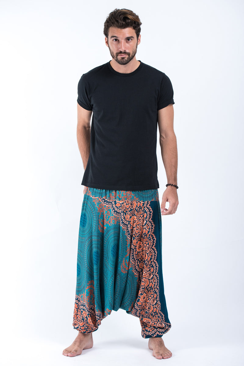 Geometric Mandalas Drop Crotch Men's Harem Pants in Turquoise