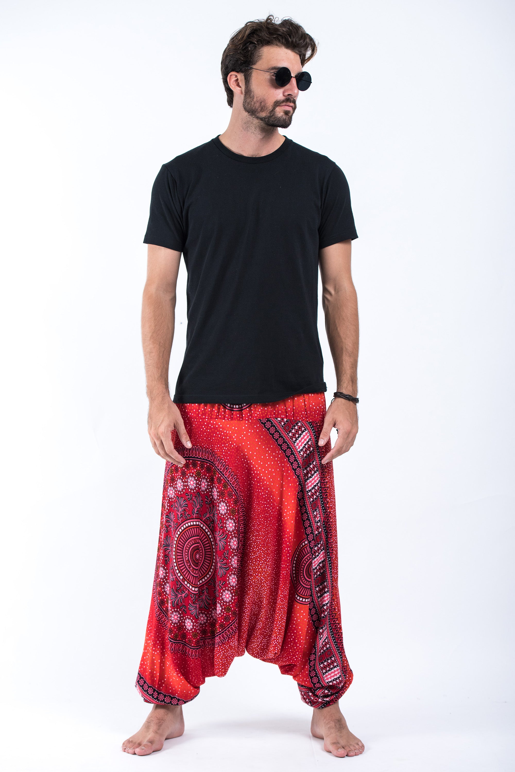 Tribal Chakras Drop Crotch Men's Harem Pants in Red