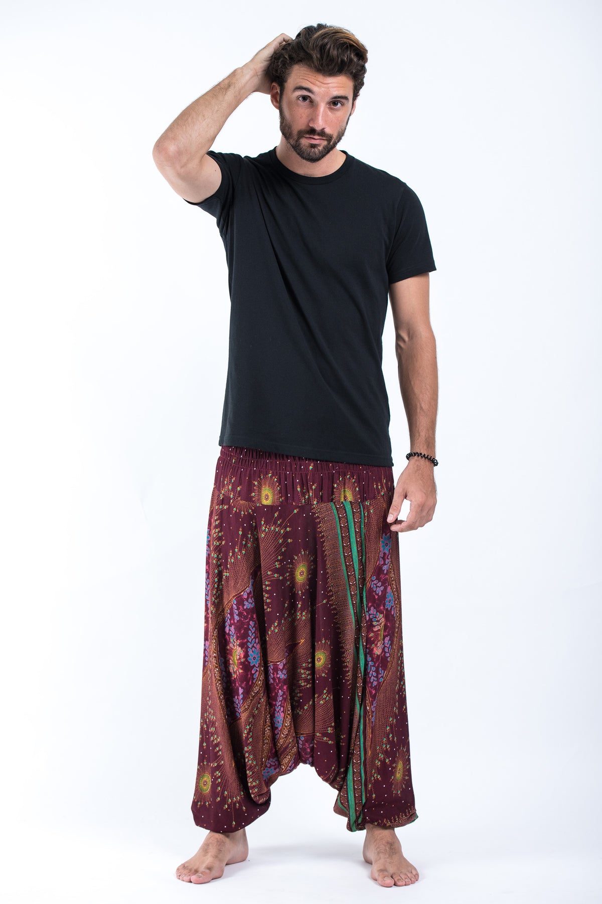 Peacock Eye Drop Crotch Men's Harem Pants in Wine