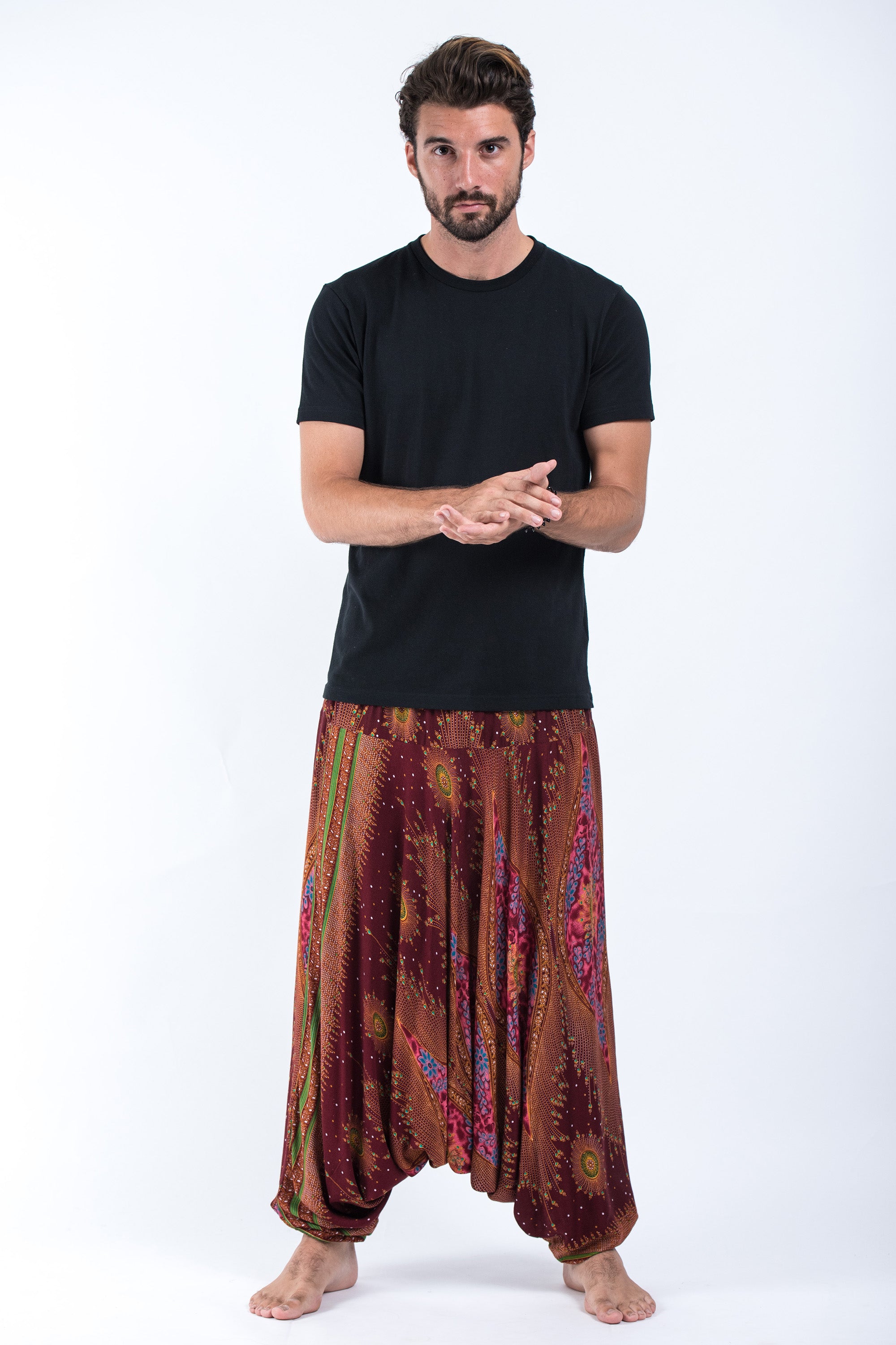 Peacock Eye Drop Crotch Men's Harem Pants in Wine