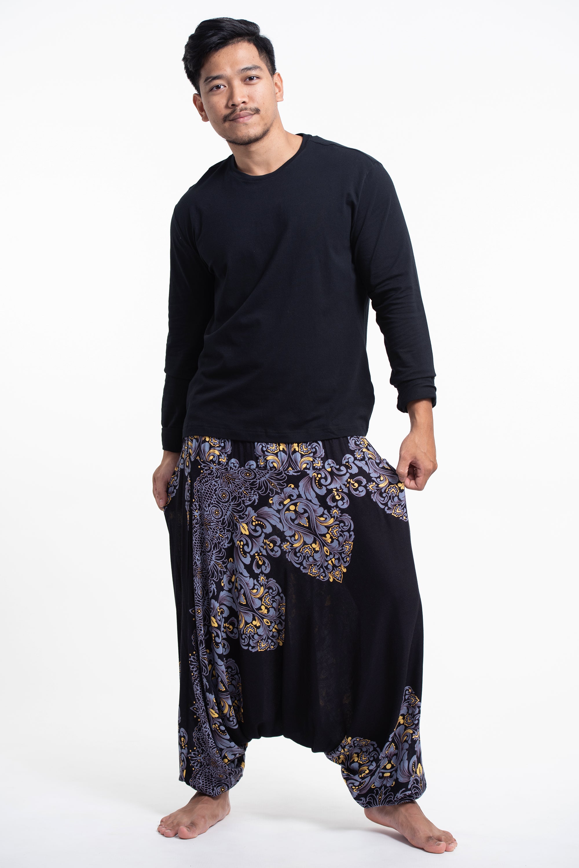 Mens Drop Crotch Pants, Tall Harem Pants Black, Casual Winter